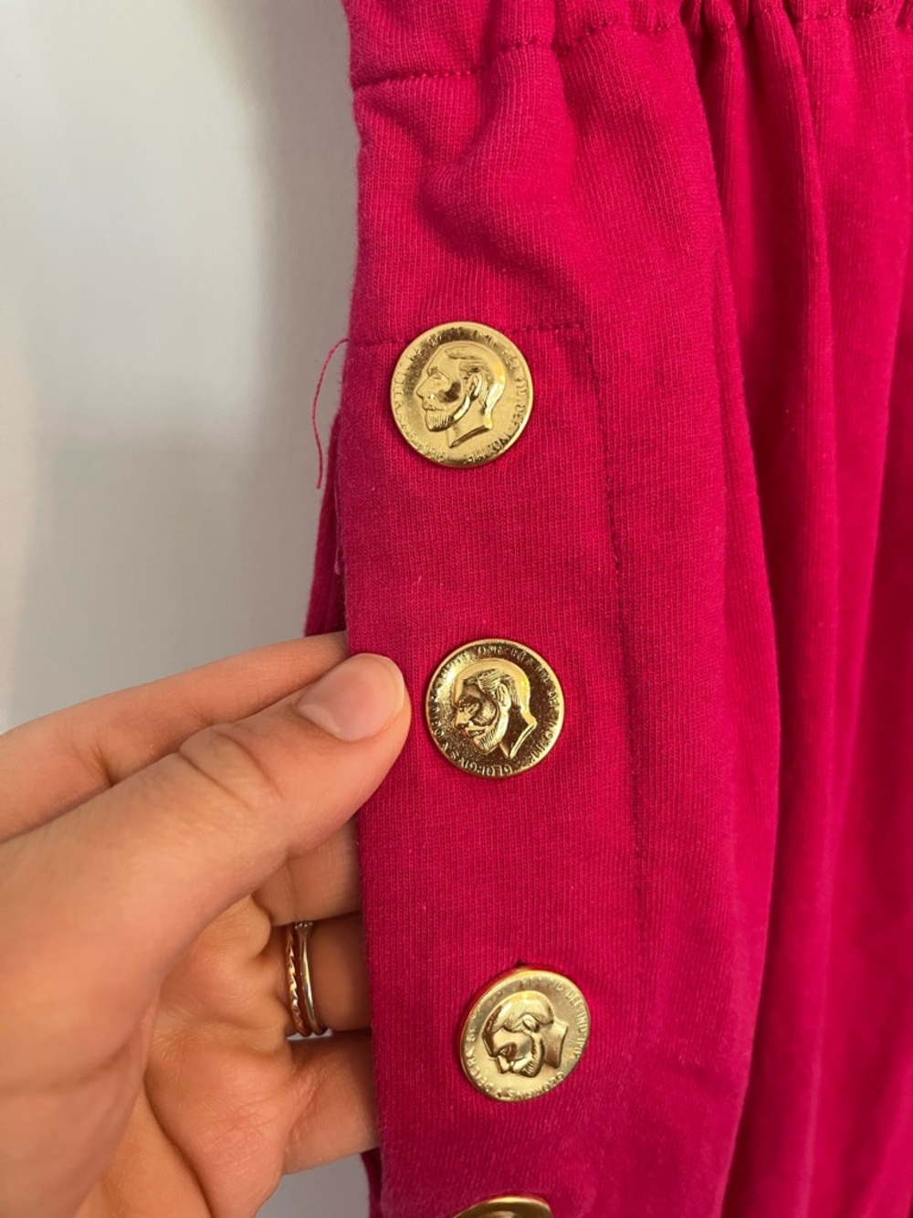 Vintage Magenta Jumpsuit with Gold Coin Buttons elastic waist pink pockets - Picture 4 of 10